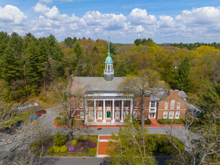 Weston Town Hall aerial view at Lanson Park in spring in historic town center of Weston,...