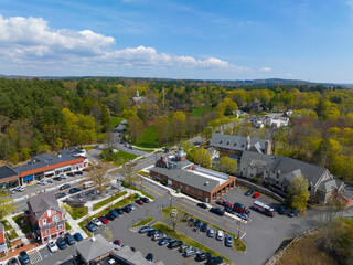 Weston historic town center aerial view in spring including Town Hall, Lanson Park, Fire Station...