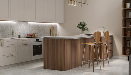 Modern, luxury beige kitchen counter with hidden light, cabinet, cupboard, wood dining table island, marble top, two high chairs on marble floor for interior design decoration product background 3D
