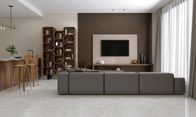 Modern, luxury beige living room and kitchen, dining island counter, gray sofa on rug, brown wood panel wall, marble floor in sunlight from window sheer curtain for interior design background 3D