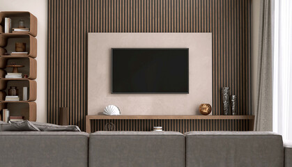 Luxury beige wall living room, modern flat television on brown wood panel wall, gray leather sofa, mid century style shelf in sunlight from window white sheer curtain for interior design background 3D - obrazy, fototapety, plakaty