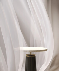 Empty luxury round marble podium side table, gold steel leg in soft smooth white beige blowing...