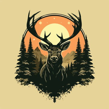 vintage big deer in pine forest night moon logo vector illustration