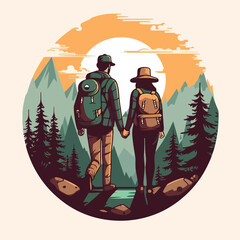 vintage hiking camp couple in pine tree forest mountain logo vector illustration