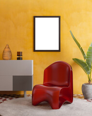 Empty photo frame mockup hanging on yellow wall background. Glass chair, Art, Poster Display. Modern Interiors.