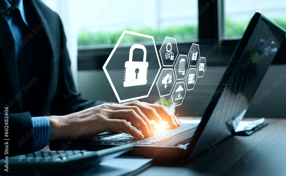 Poster safeguarding digital assets and personal information with cybersecurity and data protection measures