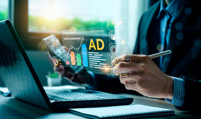 Digital marketing commerce online sale concept, Promotion of products or services through digital channels search engine, social media, email, website, Digital Marketing Strategies and Goals. SEO PPC