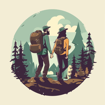 vintage hiking camp couple in pine tree forest mountain logo vector illustration © stylusstudio