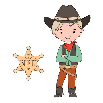 Cowboy boy in costume and the sheriff star badge. Cute childish cartoon illustration isolated on white background