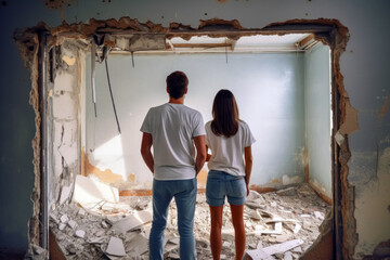 A man and woman look at a demolished room, DIY flipping concept, Generative AI