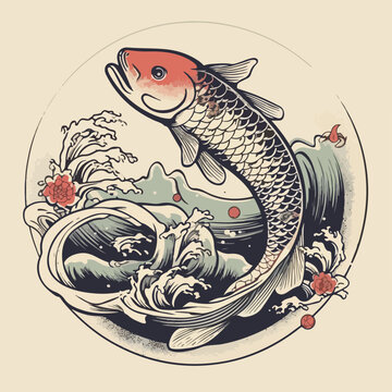 vintage japan koi fish water element traditional japanese  ornament logo vector illustration