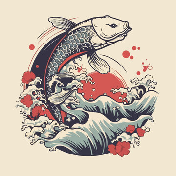 vintage japan koi fish water element traditional japanese  ornament logo vector illustration
