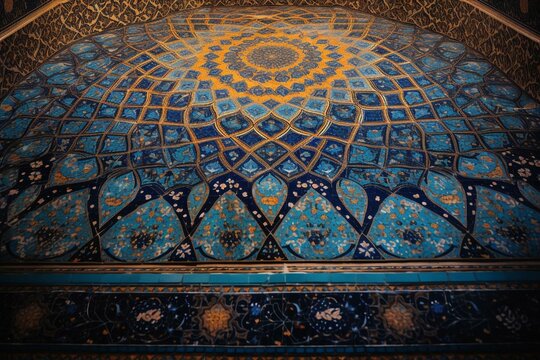 Blue Iranian Mosque Patterns With Traditional Islamic Ornaments. Generative AI