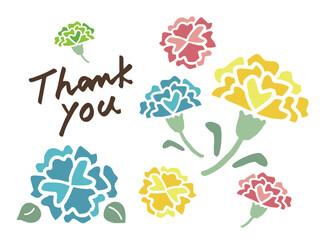かわいいカラフルなカーネーションとThankyouの文字セット／手描きイラスト素材