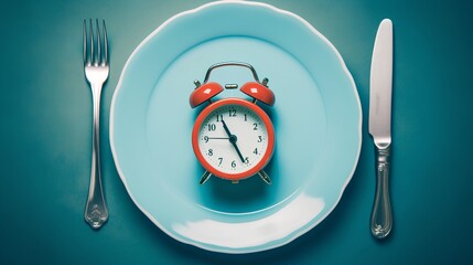 Concept of intermittent fasting, showing an empty plate and a clock. The practice of eating within specific time frames to promote better health and weight management. Generative AI