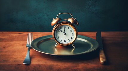 Concept of intermittent fasting, showing an empty plate and a clock. The practice of eating within specific time frames to promote better health and weight management. Generative AI
