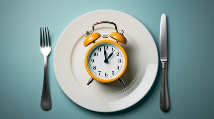 Concept of intermittent fasting, showing an empty plate and a clock. The practice of eating within specific time frames to promote better health and weight management. Generative AI