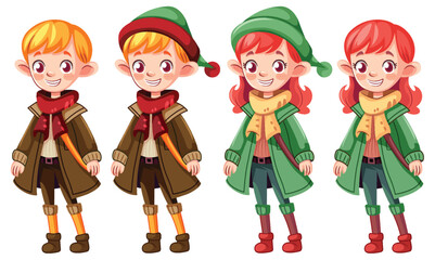 Cute male and female cartoon with winter clothes with and without hat