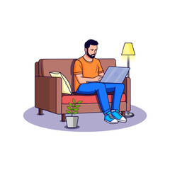 Free vector man working on laptop sitting on sofa