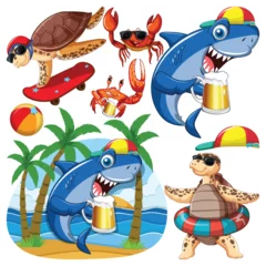 Fotobehang Kinderen Set of sea creatures cartoon character in summer