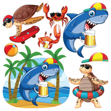 Set of sea creatures cartoon character in summer