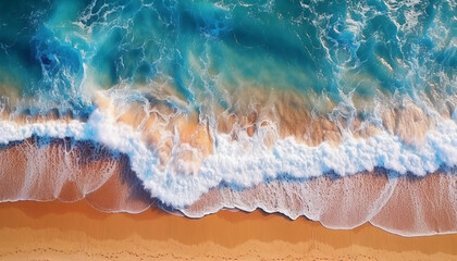 Ocean waves on the beach as a background. Amazing natural summer vacation holidays background. Aerial top down view of beach and sea with blue water and clean sand.