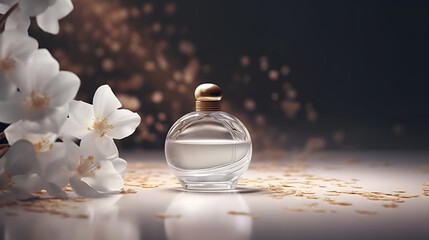 Obraz na płótnie Canvas Luxury perfume glass bottle with jasmine flower petals on marble, cinematic smoke realistic minimalist white light background generative ai
