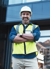 Arms crossed, building and architecture with portrait of man in city for planning, designer or...