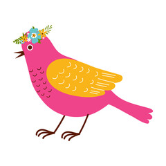 Cute pink bird with flower wreath on head. Flat vector illustration