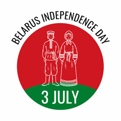 Independence Day of  Republic of Belarus. National holiday is July 3. Flag of country. Man and woman in Slavic clothes.
