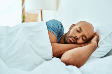 Relax, sleeping and man in bed, home and wellness with peace, comfortable or happiness. Male...