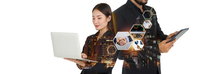 Young asian businesswoman in  black suit holding laptop computer, showing the success of. work with the team. Business finance technology and investment concept with skyscraper city at the night time
