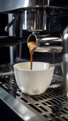 Fototapeta premium Espresso machine poured over a cup of coffee. Generative AI image
