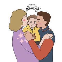 We are family, Mother and father kissing son line art cartoon vector illustration minimal style