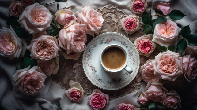 A cup of coffee surrounded by pink roses. Generative AI image