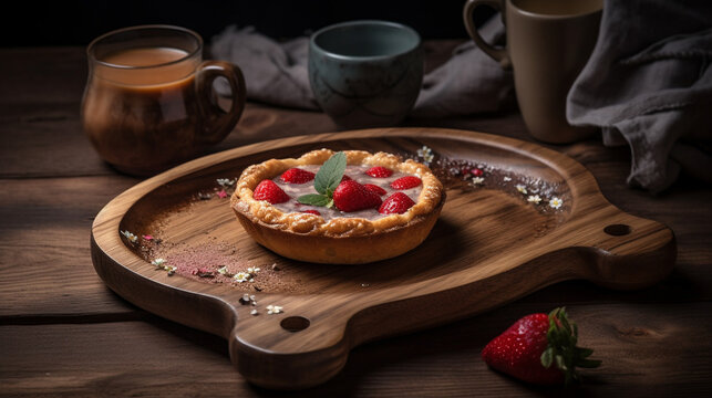 Cup of coffee with tart with strawberry on a wooden platter. Generative AI image