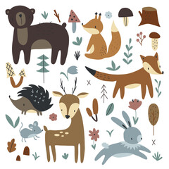 Set of forest animals. Cute fox, bear, deer, hedgehog, rabbit. Ideal for scrapbooking, postcards, posters, tags, stickers. Hand drawn vector illustration.