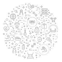 Simple Set of muscle and fitness Related Vector Line Illustration. Contains such Icons as flexing, working out, gym, dumbbell, weight, scale, ball, healthy, measure and Other Elements.