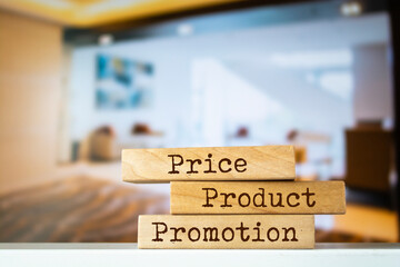 Wooden blocks with words 'Price product promotion'. Marketing sales concept