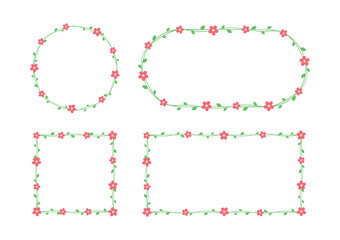 Green vine with red flowers floral frames and borders set, simple cute botanical design vector illustration