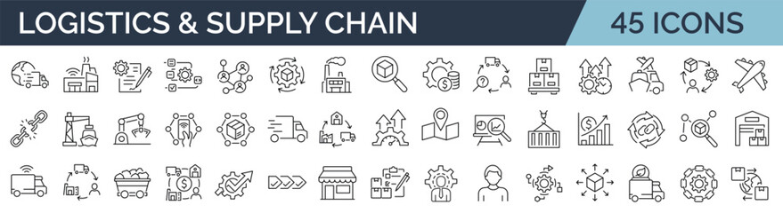 Set of 45 line icons related to supply chain, value chain, logistic, delivery, manufacturing, commerce. Outline icon collection. Vector illustration. Editable stroke - obrazy, fototapety, plakaty
