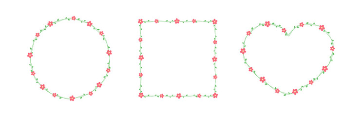 Red flowers with green leaves frames and borders set, floral botanical design element vector illustration