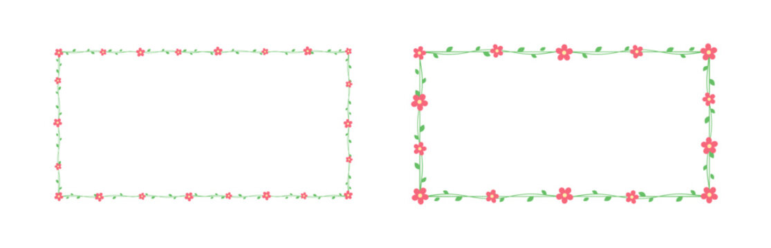 Rectangle green vine with red flowers frame and border set, floral botanical design element vector illustration