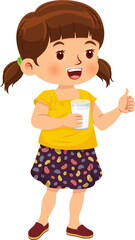 Cute little girl holding a glass of milk and showing thumb up