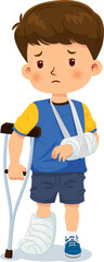 Little boy injured a broken arm and leg, had to be cast, and used on crutches