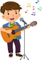 Obraz premium Happy cute boy is playing the guitar and singing into a microphone. Children playing music concepts