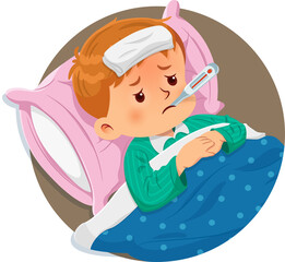 Sick boy resting on the bed with a thermometer in his mouth and high fever