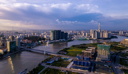 Fototapeta na wymiar Sunset in the Saigon riverside, Ho Chi Minh city, Vietnam. Photo taken in February 2023.