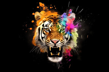 Image of a a tiger head with beautiful bright colors on a dark background. Wildlife Animals. Illustration, generative AI.