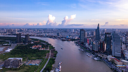 Sunset in the Saigon riverside, Ho Chi Minh city, Vietnam. Photo taken in February 2023.